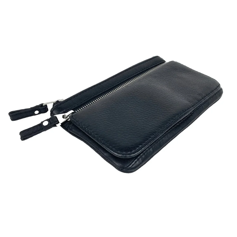 Fossil Leather Wallet Black Pebbled Zip Pockets LKNU